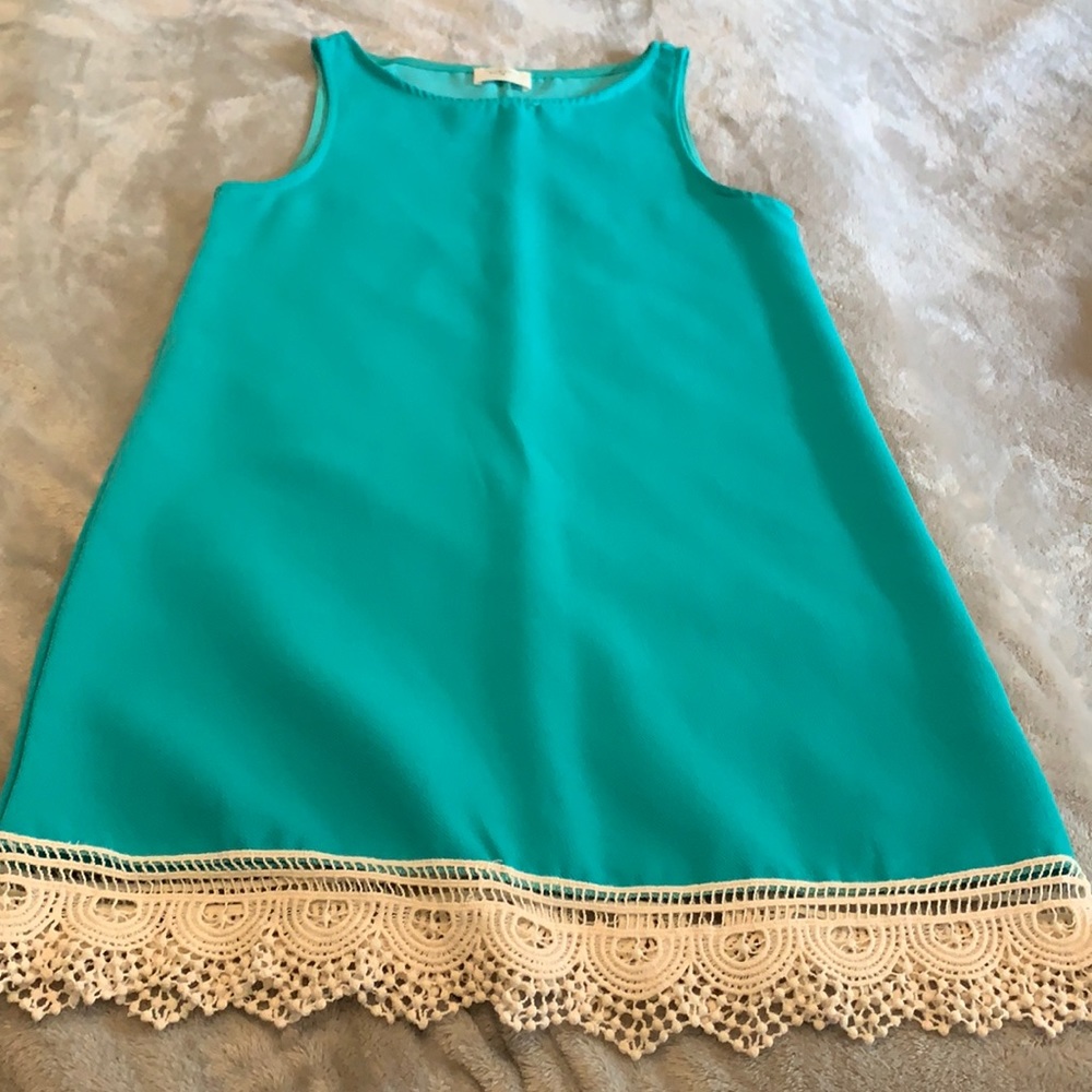 Aqua tank top dress with cream lace at the bottom